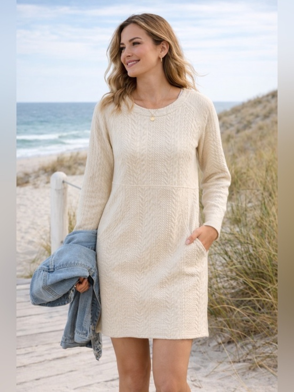 Prana  Macee Dress Textured Jacquard Knit Shift Sweater Dress L Cream Back Zip